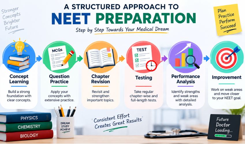 Structured NEET preparation approach showing concept learning, question practice, chapter revision, testing, performance analysis and improvement